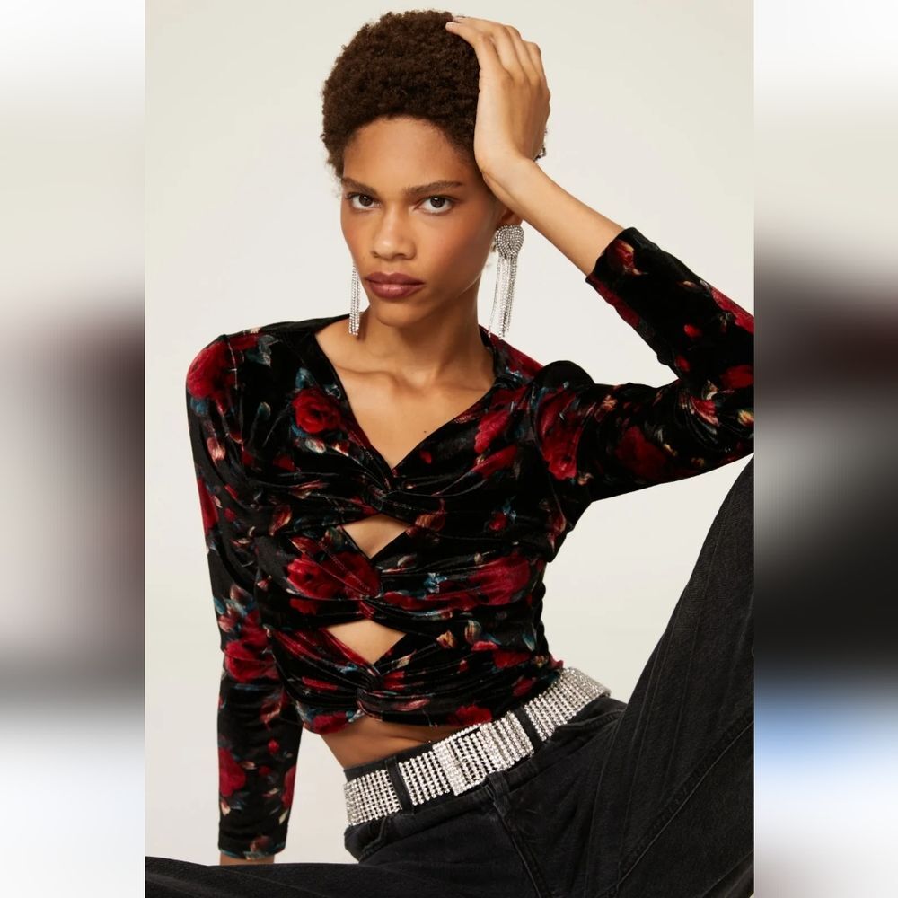 Autumn Adeighbo Rowenna Dark Floral Cutout Top Size 12 Black Red